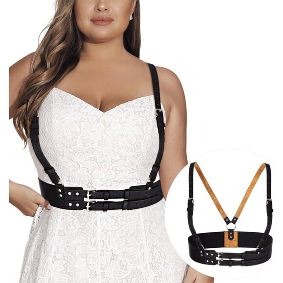 Plus Size Black PU Harness Wide Waist Belt Gothic Punk Rave Costume Accessory main image 6